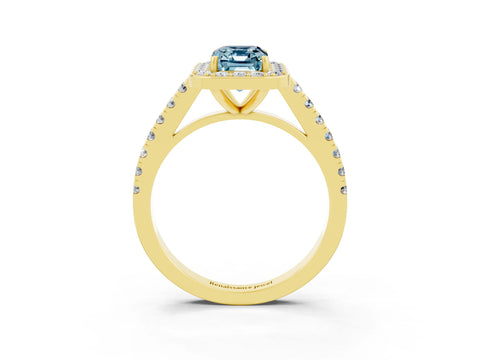 Yellow gold Emerald Cut Halo Diamond Ring with Pavé Band and Three-Prong Setting_3