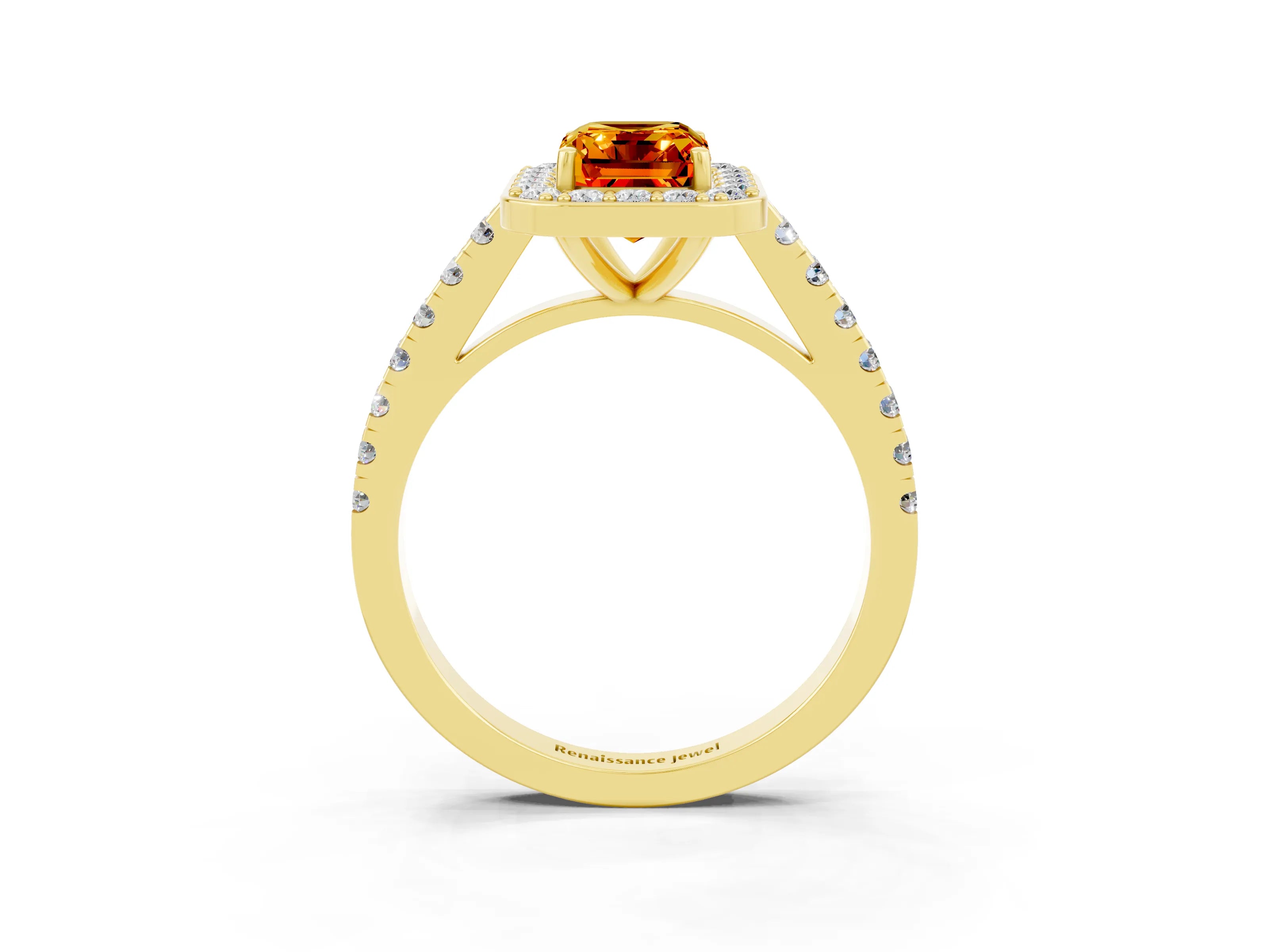 Yellow gold Emerald Cut Halo Diamond Ring with Pavé Band and Three-Prong Setting_3