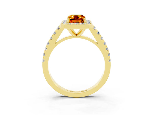 Yellow gold Emerald Cut Citrine Halo Ring with Round Pavé Split Shank and Prong Setting