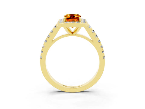 Yellow gold Emerald Cut Halo Diamond Ring with Pavé Band and Three-Prong Setting_3
