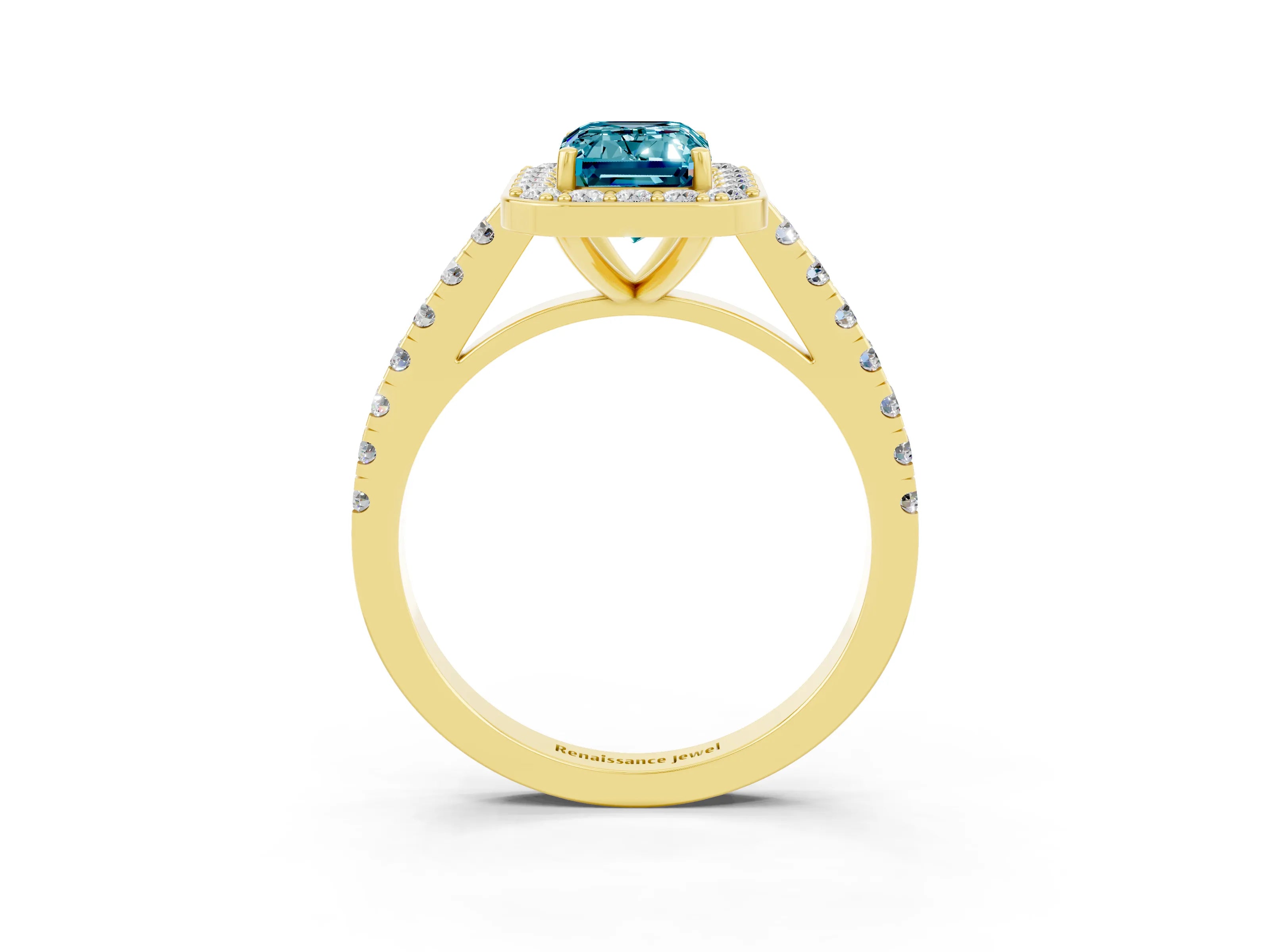 Yellow gold Emerald Cut Halo Diamond Ring with Pavé Band and Three-Prong Setting_3