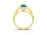 Yellow gold Emerald Cut Halo Diamond Ring with Pavé Band and Three-Prong Setting_3