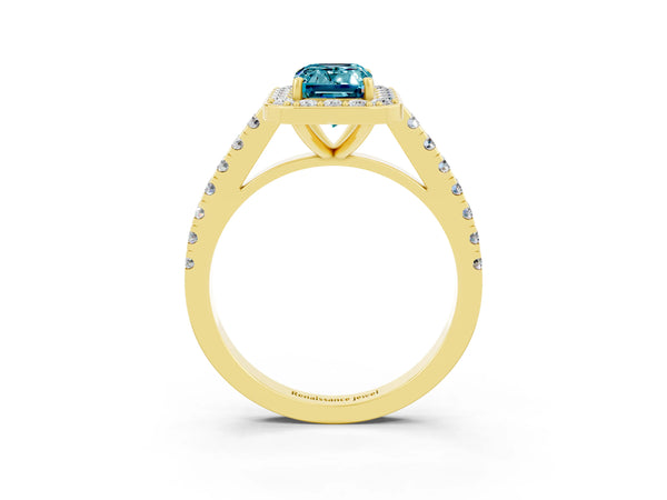Yellow gold Emerald Cut Halo Diamond Ring with Pavé Band and Three-Prong Setting