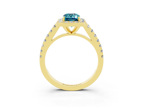Yellow gold Emerald Cut Halo Diamond Ring with Pavé Band and Three-Prong Setting_3