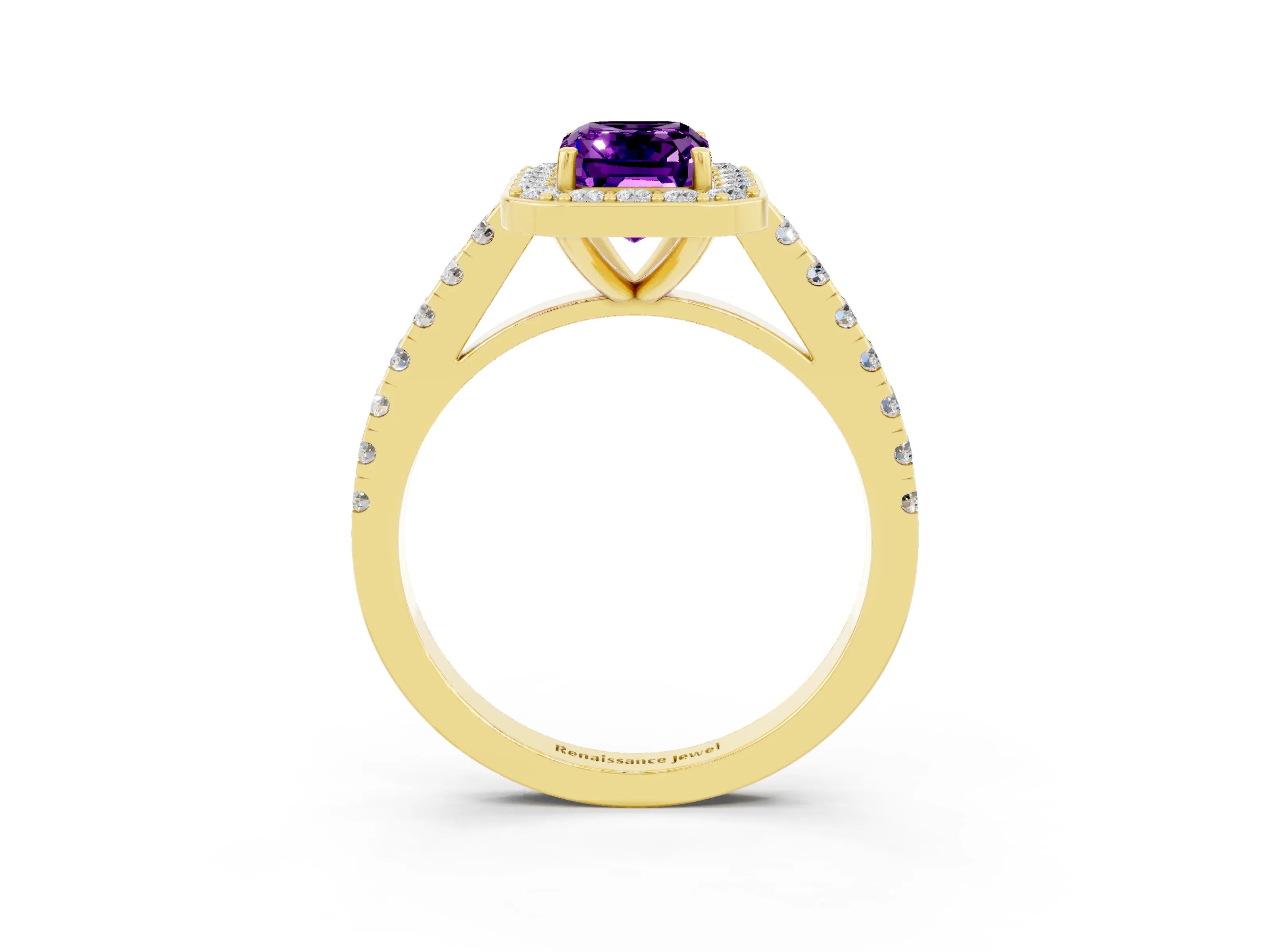 Yellow gold Emerald Cut Halo Diamond Ring with Pavé Band and Three-Prong Setting_3