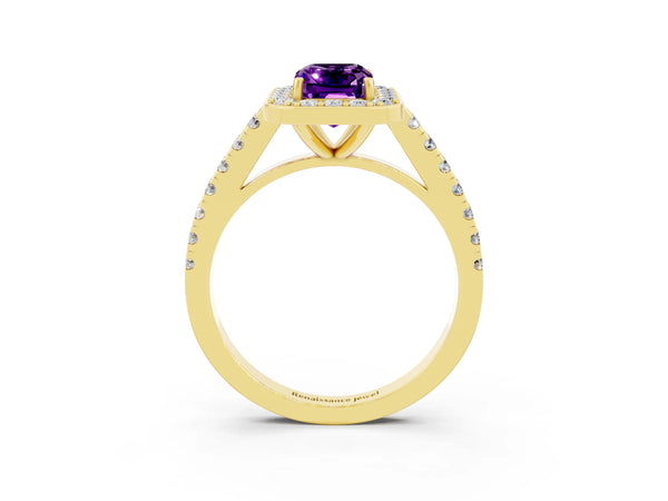 Yellow gold Emerald Cut Amethyst Halo Ring with Round Pavé Split Shank and Prong Setting