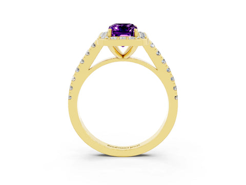 Yellow gold Emerald Cut Halo Diamond Ring with Pavé Band and Three-Prong Setting_3