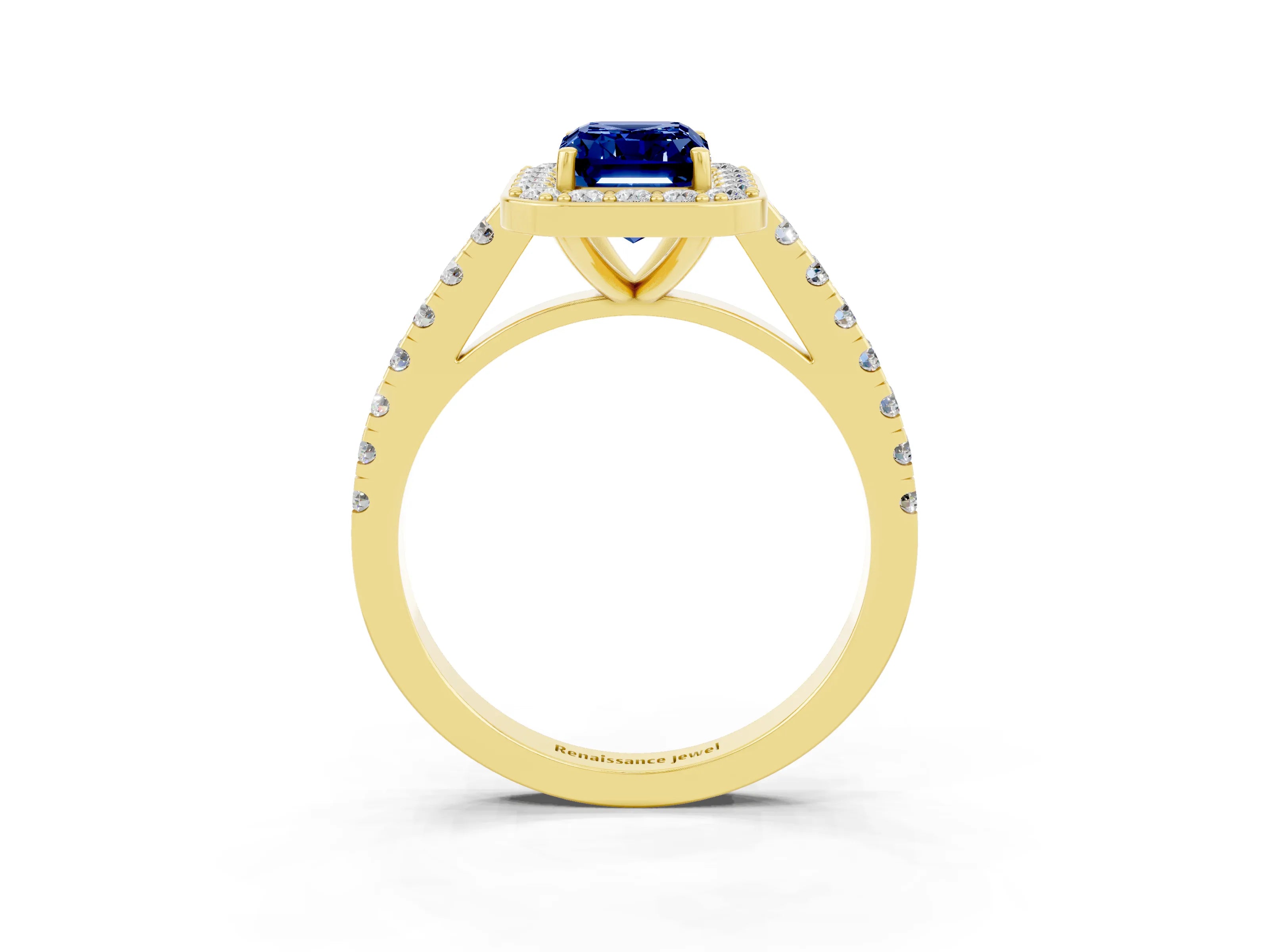 Yellow gold Emerald Cut Halo Diamond Ring with Pavé Band and Three-Prong Setting_3