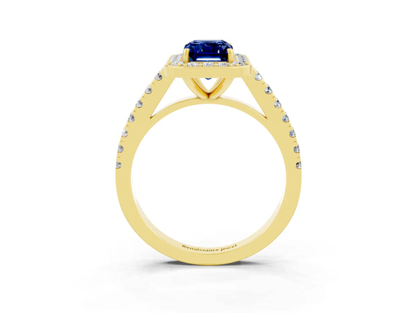 Yellow gold Emerald Cut Blue Sapphire Halo Ring with Round Pavé Split Shank and Prong Setting