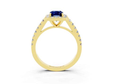 Yellow gold Emerald Cut Halo Diamond Ring with Pavé Band and Three-Prong Setting_3