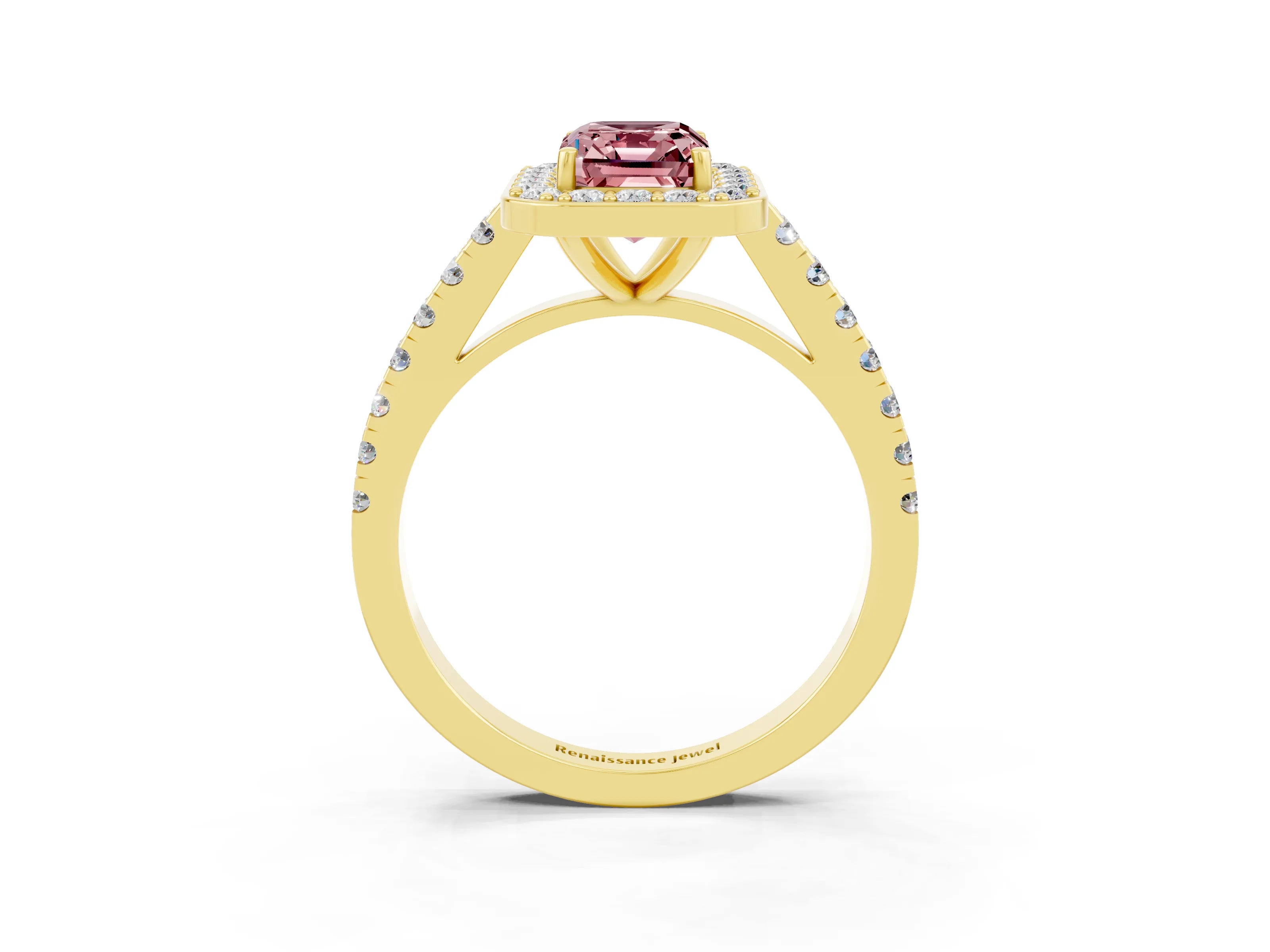 Yellow gold Emerald Cut Halo Diamond Ring with Pavé Band and Three-Prong Setting_3