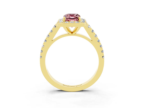 Yellow gold Emerald Cut Halo Diamond Ring with Pavé Band and Three-Prong Setting