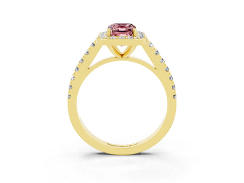 Yellow gold Emerald Cut Halo Diamond Ring with Pavé Band and Three-Prong Setting_3