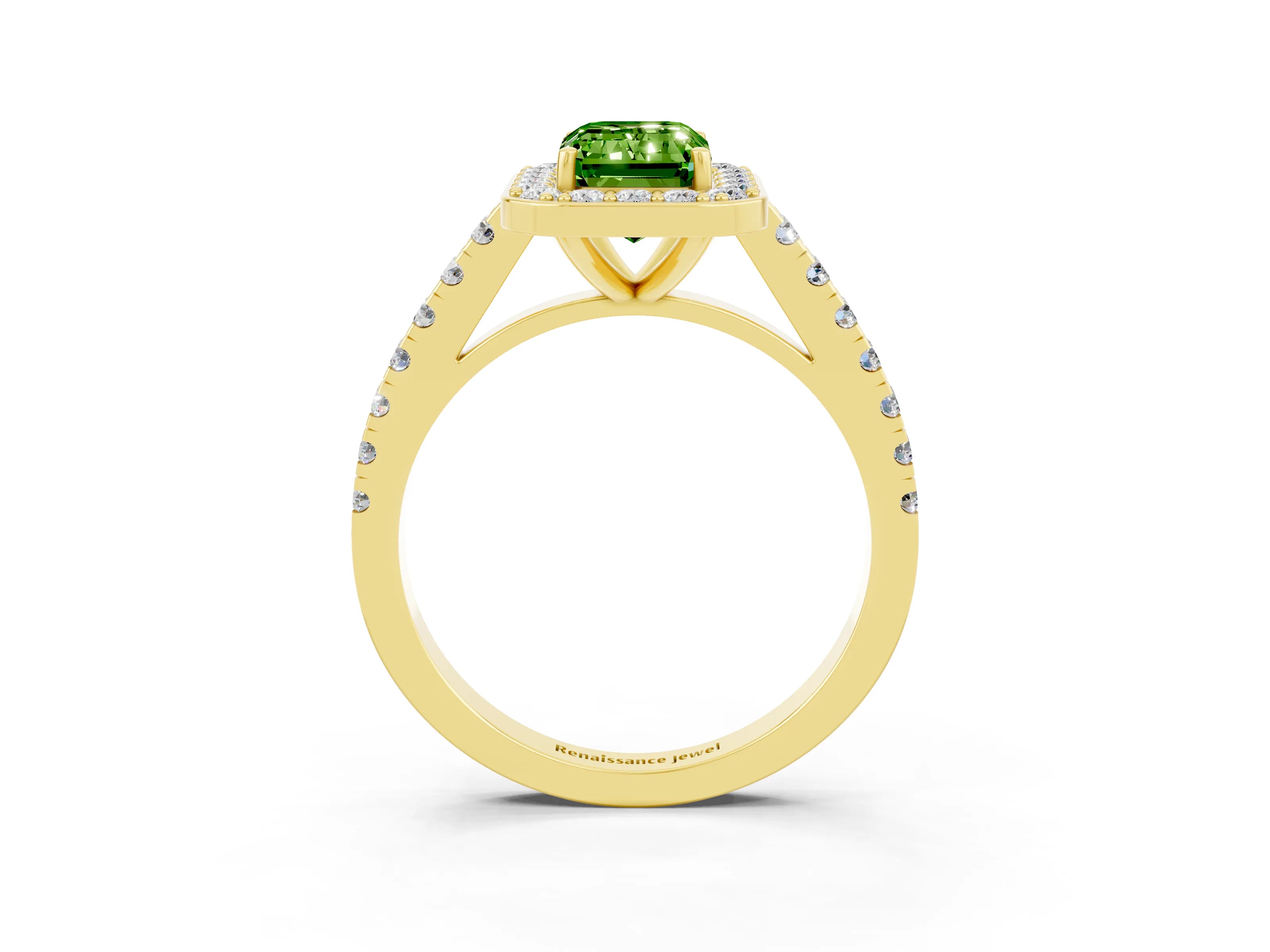 Yellow gold Emerald Cut Halo Diamond Ring with Pavé Band and Three-Prong Setting_3