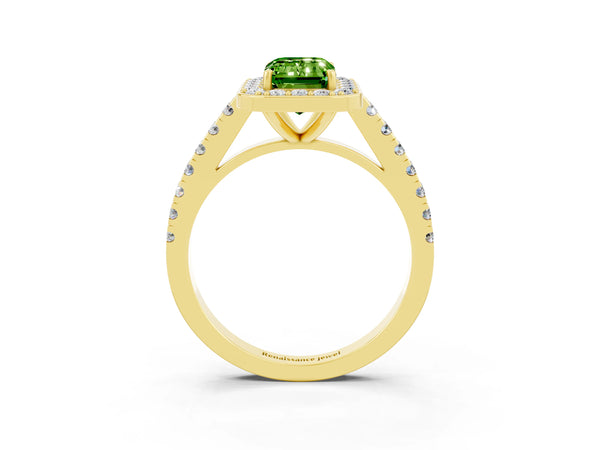 Yellow gold Emerald Cut Halo Diamond Ring with Pavé Band and Three-Prong Setting