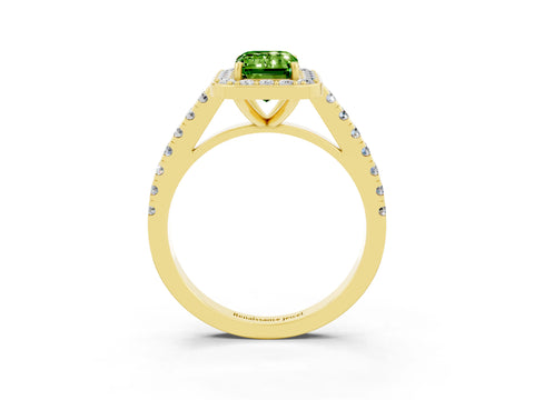 Yellow gold Emerald Cut Halo Diamond Ring with Pavé Band and Three-Prong Setting_3
