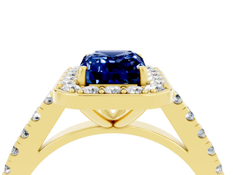 Yellow gold Emerald Cut Halo Diamond Ring with Pavé Band and Three-Prong Setting_4