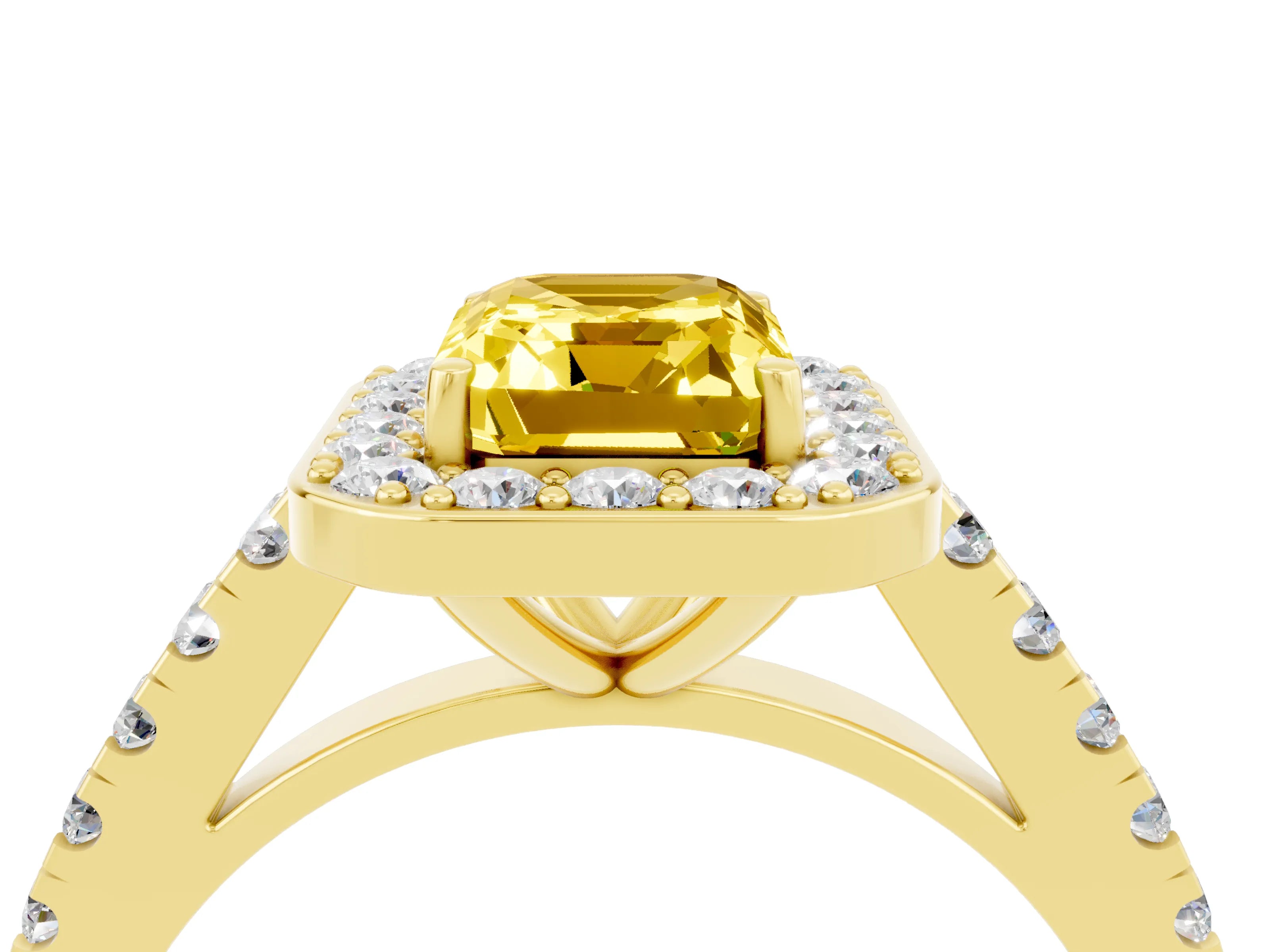 Yellow gold Emerald Cut Halo Diamond Ring with Pavé Band and Three-Prong Setting_4