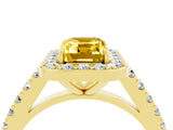 Yellow gold Emerald Cut Halo Diamond Ring with Pavé Band and Three-Prong Setting_4