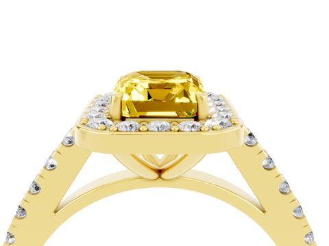 Yellow gold Emerald Cut Halo Diamond Ring with Pavé Band and Three-Prong Setting_4