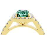 Yellow gold Emerald Cut Halo Diamond Ring with Pavé Band and Three-Prong Setting_4