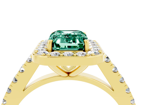 Yellow gold Emerald Cut Halo Diamond Ring with Pavé Band and Three-Prong Setting_4