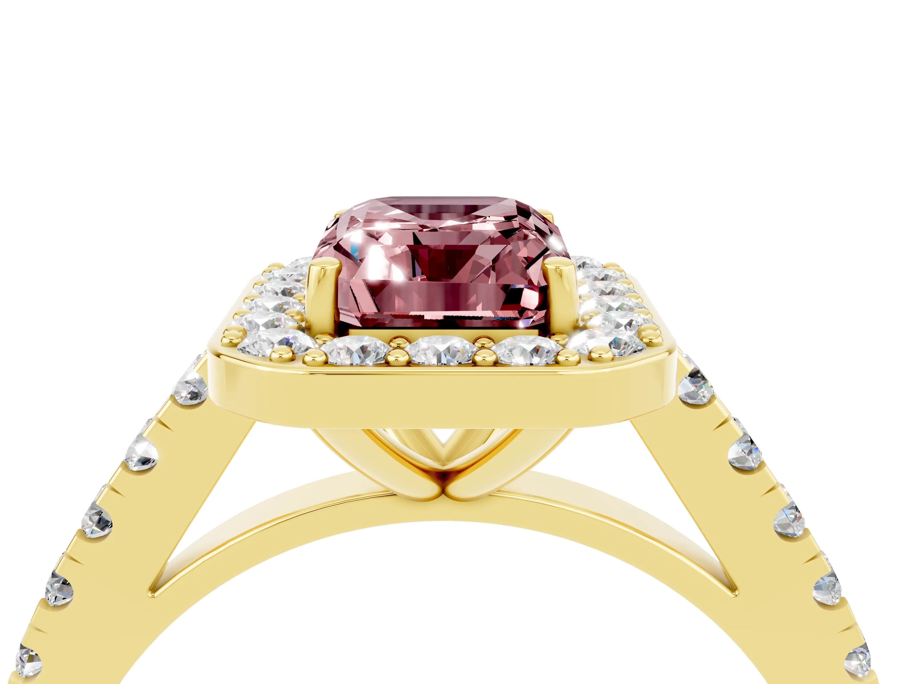 Yellow gold Emerald Cut Halo Diamond Ring with Pavé Band and Three-Prong Setting_4