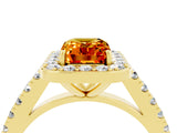 Yellow gold Emerald Cut Halo Diamond Ring with Pavé Band and Three-Prong Setting_4