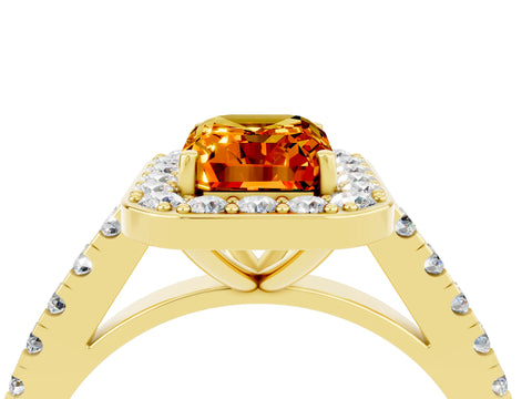 Yellow gold Emerald Cut Halo Diamond Ring with Pavé Band and Three-Prong Setting_4