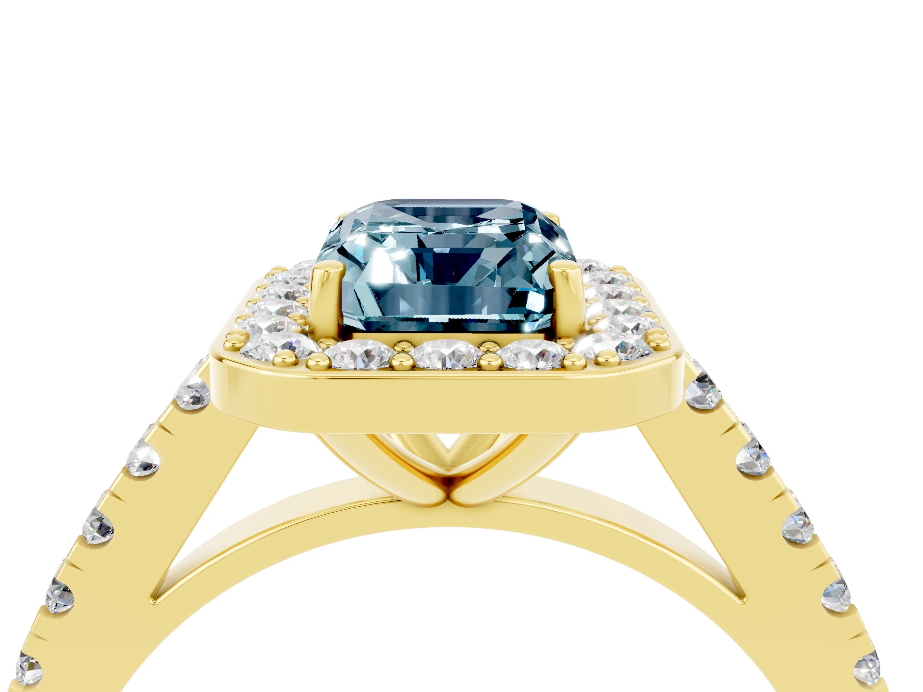 Yellow gold Emerald Cut Halo Diamond Ring with Pavé Band and Three-Prong Setting_4