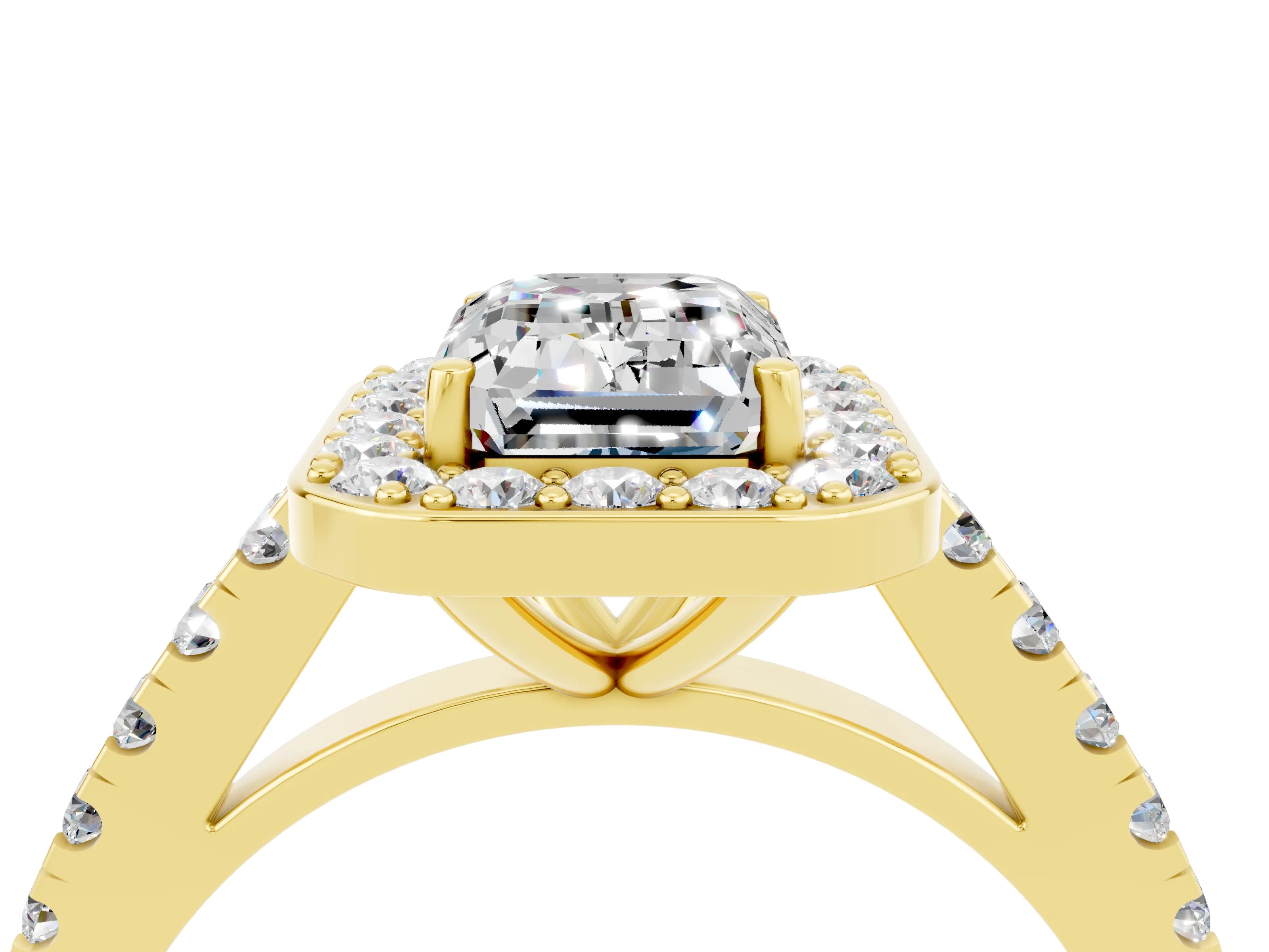 Yellow gold Emerald Cut Halo Diamond Ring with Pavé Band and Three-Prong Setting_4