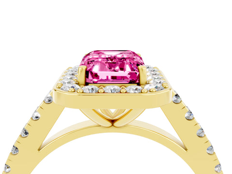 Yellow gold Emerald Cut Halo Diamond Ring with Pavé Band and Three-Prong Setting_4