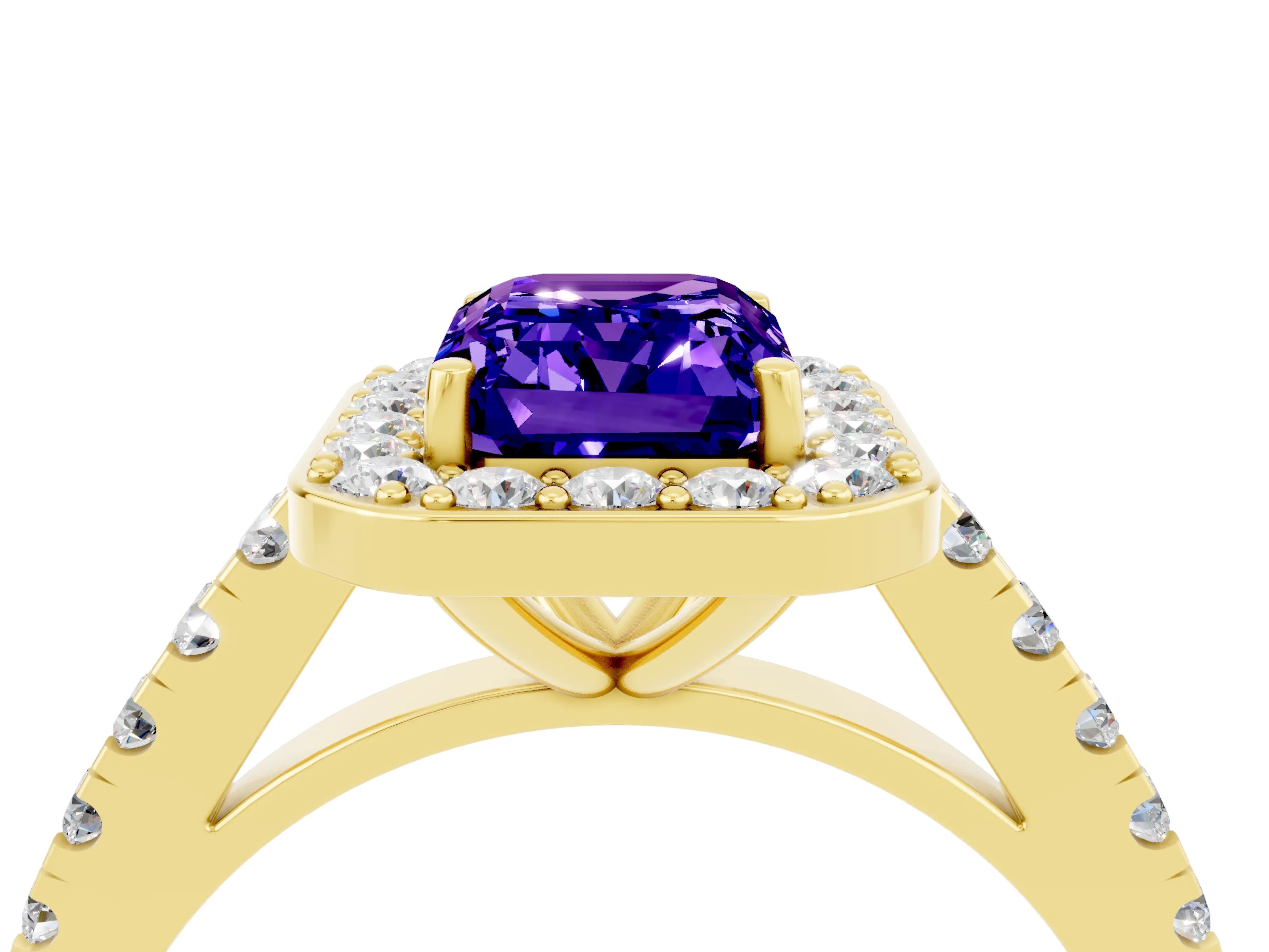 Yellow gold Emerald Cut Halo Diamond Ring with Pavé Band and Three-Prong Setting_4