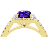 Yellow gold Emerald Cut Halo Diamond Ring with Pavé Band and Three-Prong Setting_4