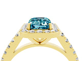 Yellow gold Emerald Cut Halo Diamond Ring with Pavé Band and Three-Prong Setting_4