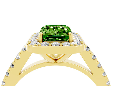 Yellow gold Emerald Cut Halo Diamond Ring with Pavé Band and Three-Prong Setting_4