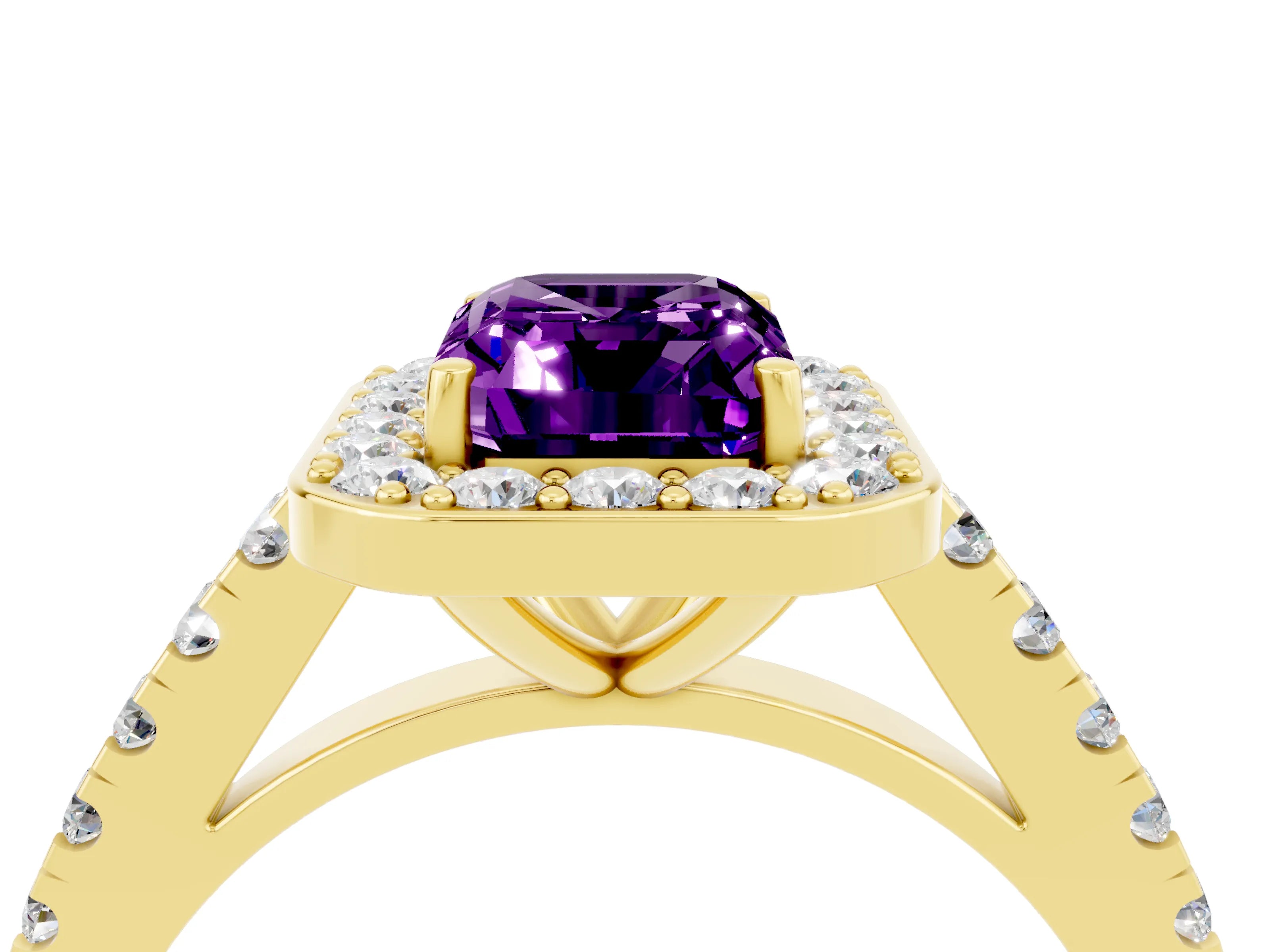 Yellow gold Emerald Cut Halo Diamond Ring with Pavé Band and Three-Prong Setting_4