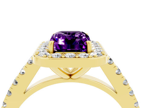 Yellow gold Emerald Cut Halo Diamond Ring with Pavé Band and Three-Prong Setting_4