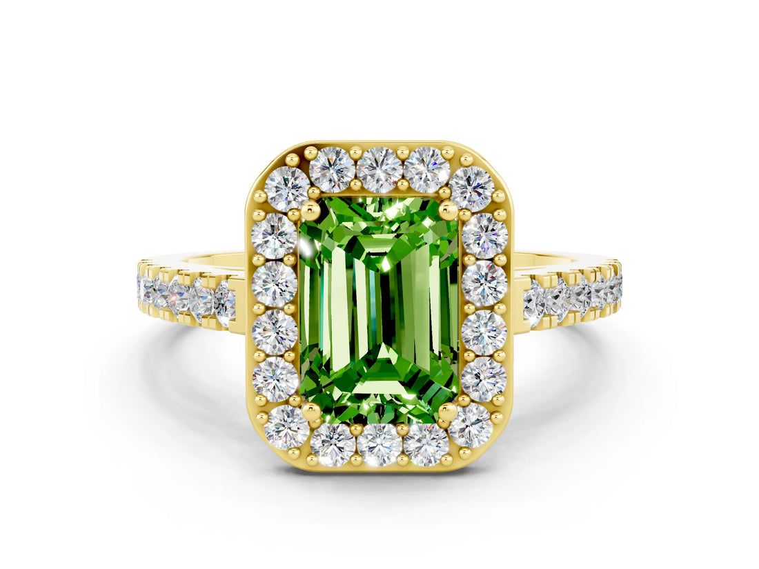 Yellow gold Emerald Cut Halo Diamond Ring with Pavé Band and Three-Prong Setting