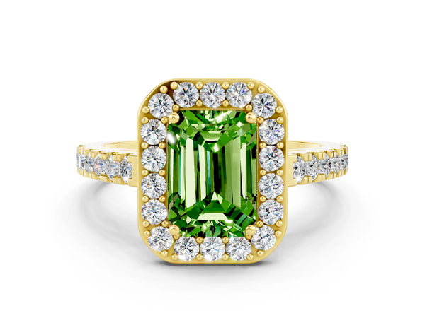 Yellow gold Emerald Cut Halo Diamond Ring with Pavé Band and Three-Prong Setting