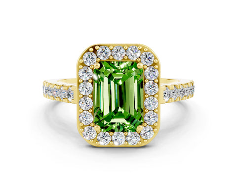 Yellow gold Emerald Cut Halo Diamond Ring with Pavé Band and Three-Prong Setting