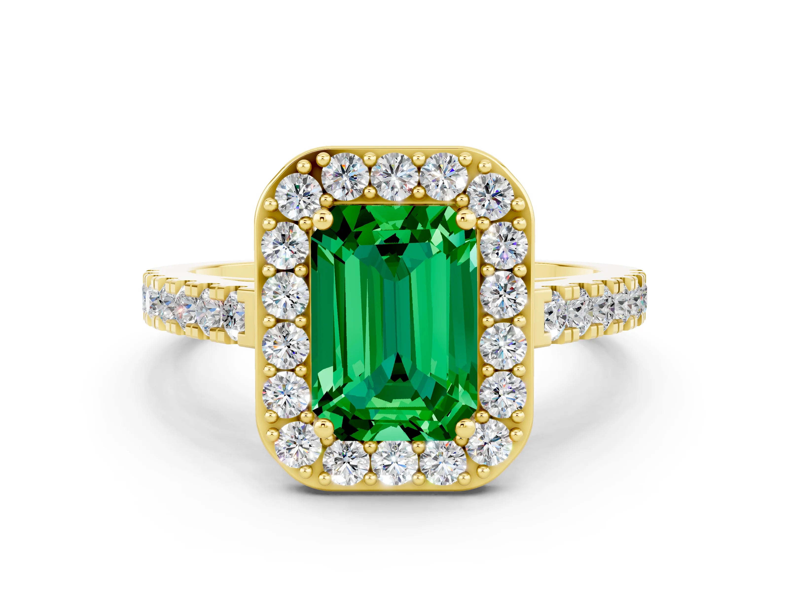 Yellow gold Emerald Cut Halo Diamond Ring with Pavé Band and Three-Prong Setting