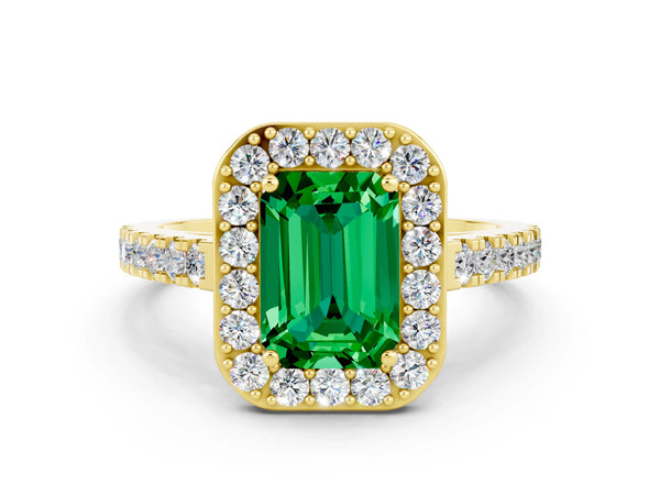 Yellow gold Emerald Cut Emerald Halo Ring with Round Pavé Split Shank and Prong Setting