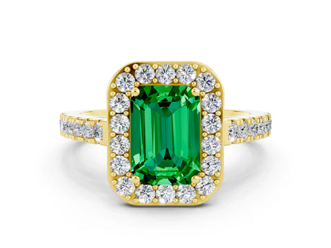 Yellow gold Emerald Cut Halo Diamond Ring with Pavé Band and Three-Prong Setting