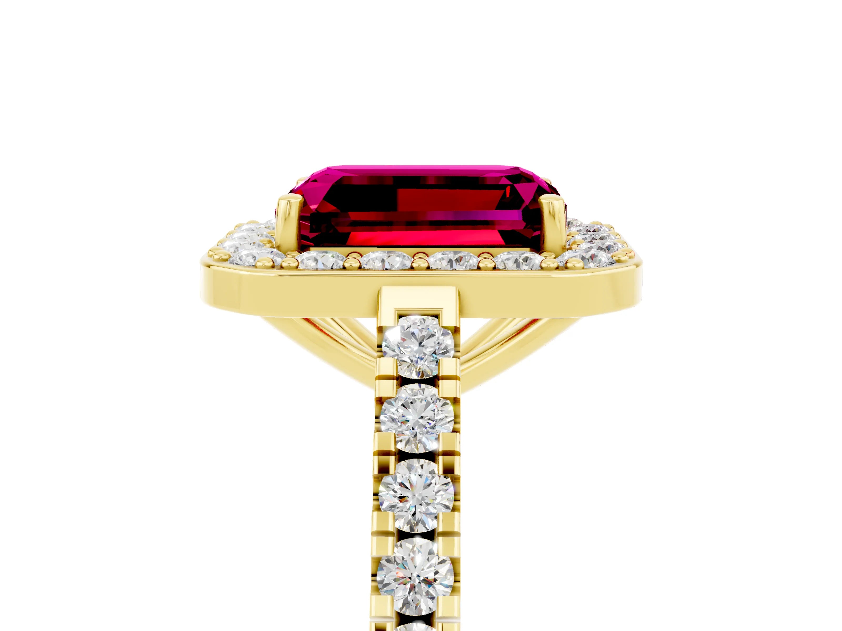 Yellow gold Emerald Cut Halo Diamond Ring with Pavé Band and Three-Prong Setting_5