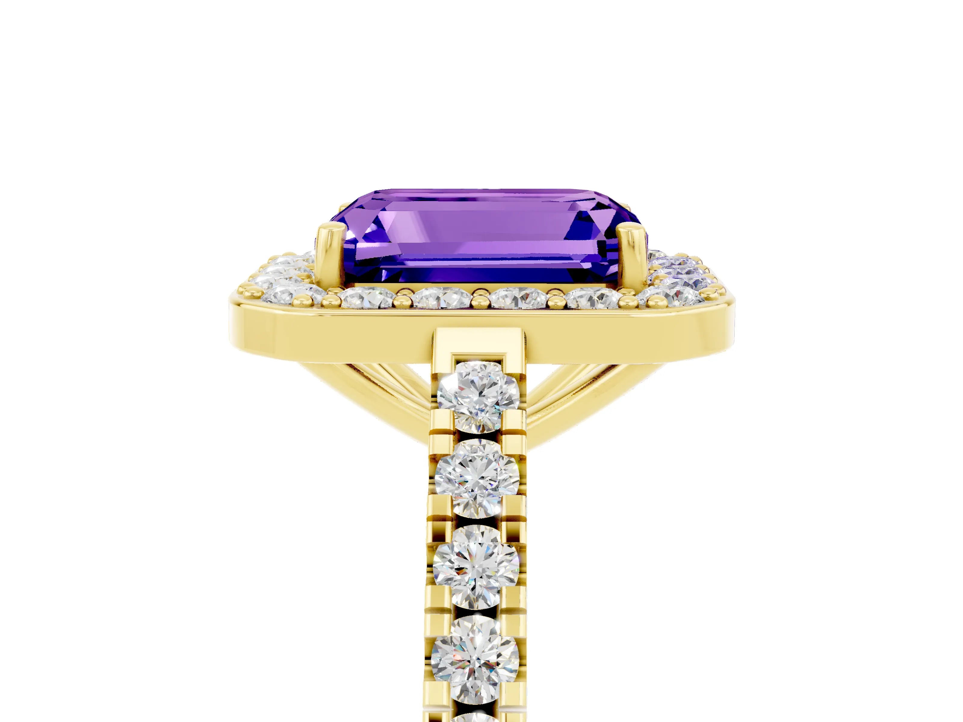 Yellow gold Emerald Cut Halo Diamond Ring with Pavé Band and Three-Prong Setting_5