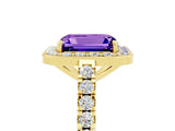 Yellow gold Emerald Cut Halo Diamond Ring with Pavé Band and Three-Prong Setting_5