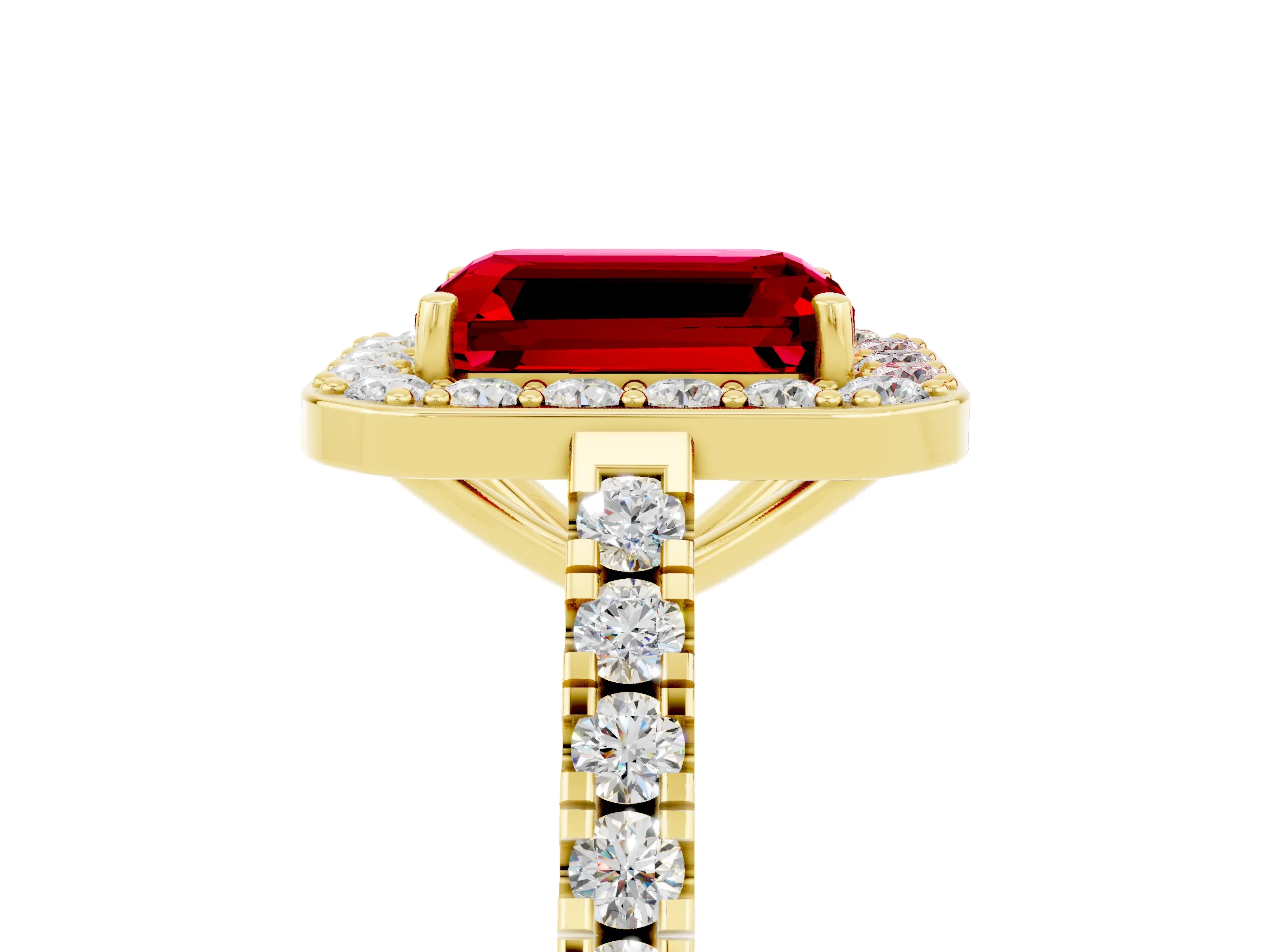 Yellow gold Emerald Cut Halo Diamond Ring with Pavé Band and Three-Prong Setting_5