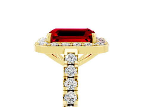 Yellow gold Emerald Cut Halo Diamond Ring with Pavé Band and Three-Prong Setting_5