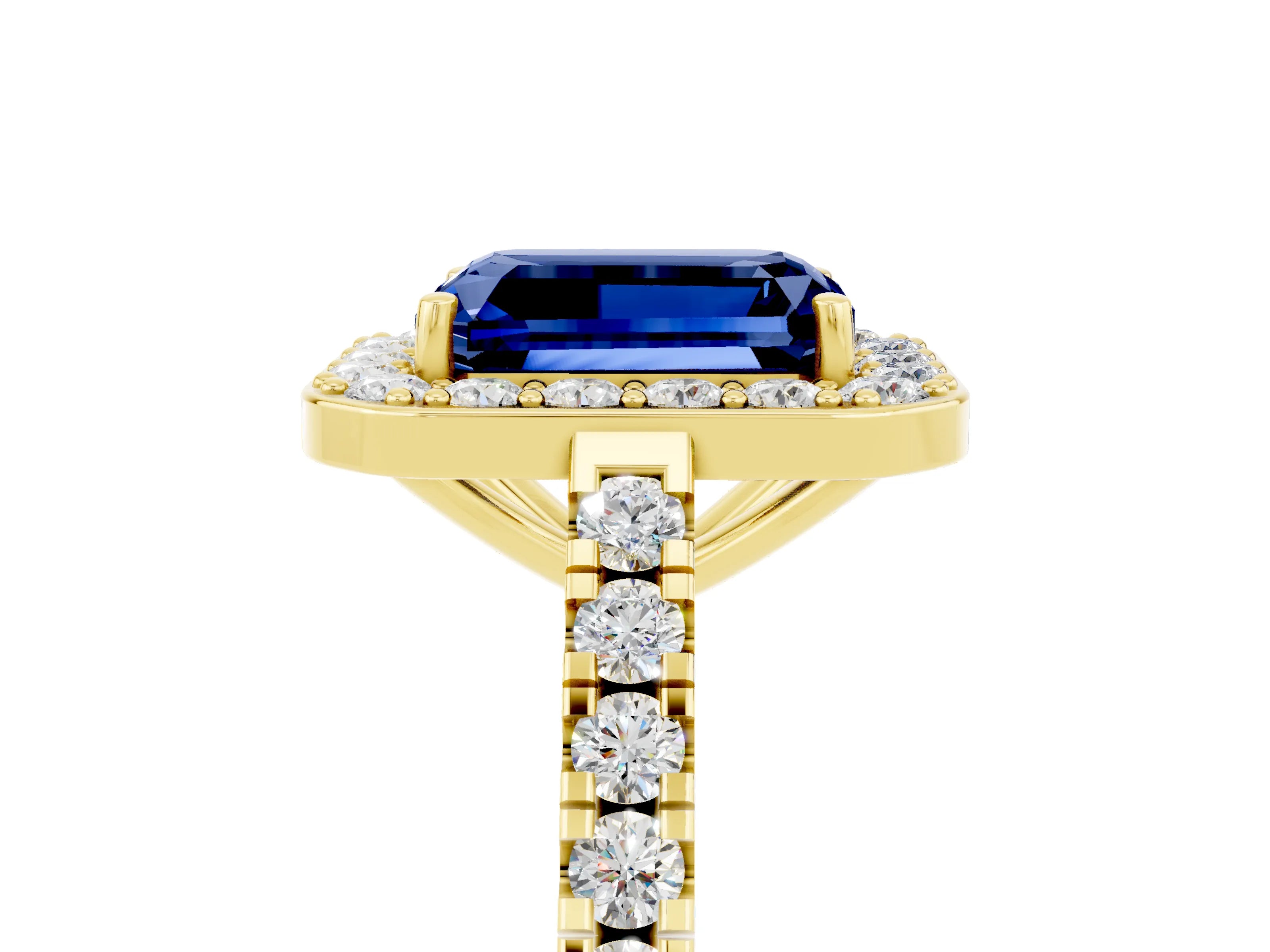 Yellow gold Emerald Cut Halo Diamond Ring with Pavé Band and Three-Prong Setting_5